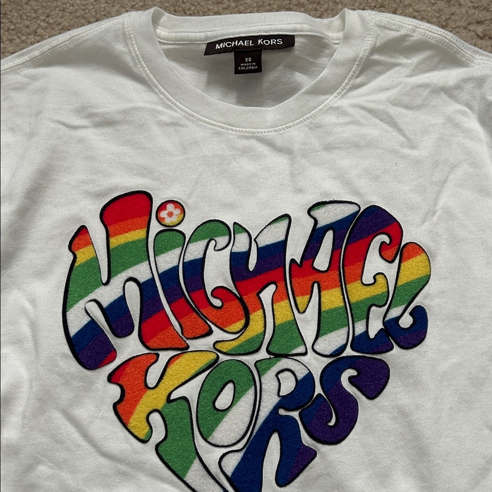 Michael Kors Kids White Tee with Rainbow Heart Logo